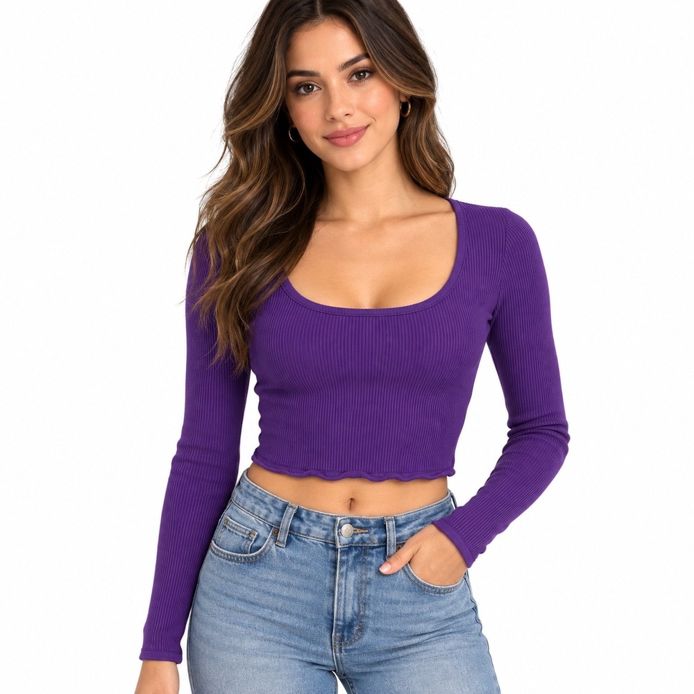Garage Women Purple Ribbed Scoop Neck Long Sleeve Crop Top Size S